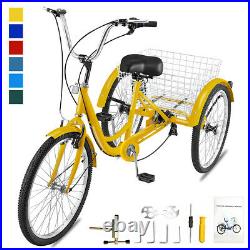 20/24/26 7Speed Adult Tricycle 3-Wheel Trike Cruiser Bike withBasket for Shopping