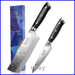 2Pcs Kitchen Knife Set Nakiri Cleaver Utility Knife Japanese VG10 Damascus Steel