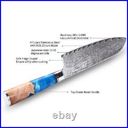 7 Inch Kitchen Knife Santoku Knife AUS10 Damascus Core Steel Blue Resin Handle