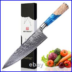 8'' Kitchen Chef Knife Damascus Steel Cooking Slicer Cutlery Blue Resin Handle