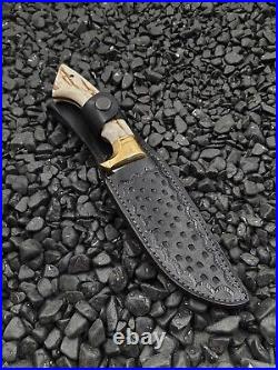 Custom Handmade Hunting and Camping Knife with Deer Horn Handle, Leather Sheath