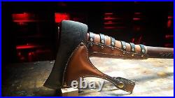 Hand Made Crafted Axe Leather Sheath Carved Wooden Handle