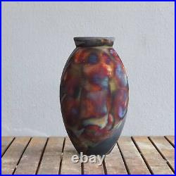 Raku Pottery 13.5 Ceramic Large Oval Vase Carbon Half Copper Matte S/N0000432