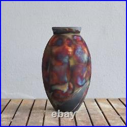 Raku Pottery 13.5 Ceramic Large Oval Vase Carbon Half Copper Matte S/N0000432